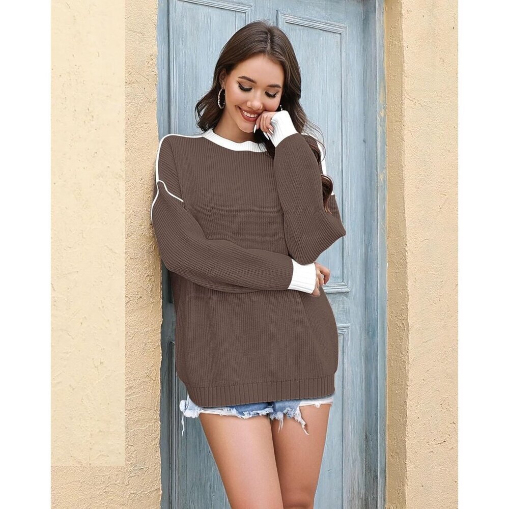 Women's Pure Coffee Oversized Winter Clothes Batwing Long Sleeve Knit Sweater - Picture 3 of 5